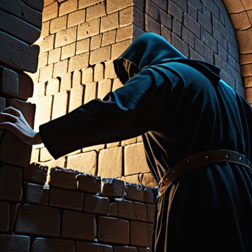 Home 15 **
A medieval castle with secret passages and weak points in its walls, symbolizing blockchain vulnerabilities. Emphasize a cracked wall section representing smart contract code errors, with a shadowy figure (hacker) exploiting the weakness. Dark, ominous lighting.
**