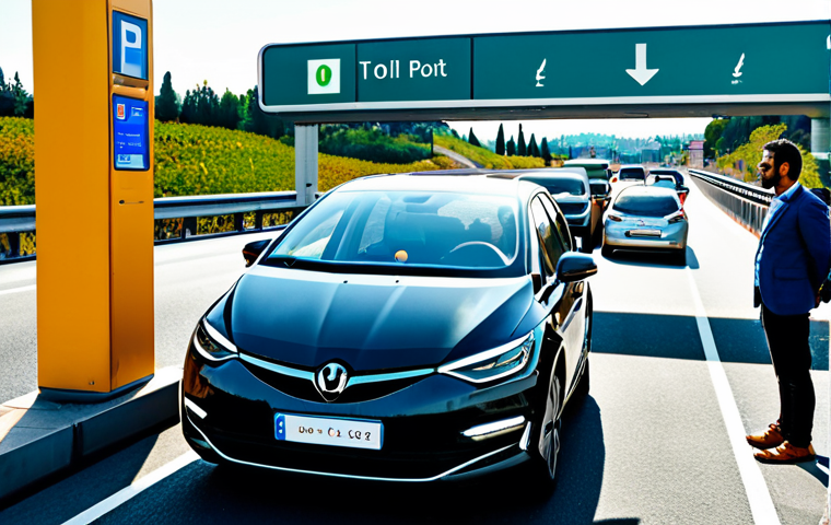 블록체인과 자율주행차의 미래 - Autonomous Car Paying at a Toll Booth**
"A sleek, modern autonomous car stopped at an Italian toll ...