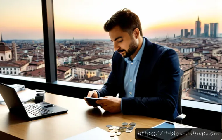 블록체인과 글로벌 경제의 변화 - Photorealistic modern Milan financial office, Italian economist in smart casual attire studying a cl...